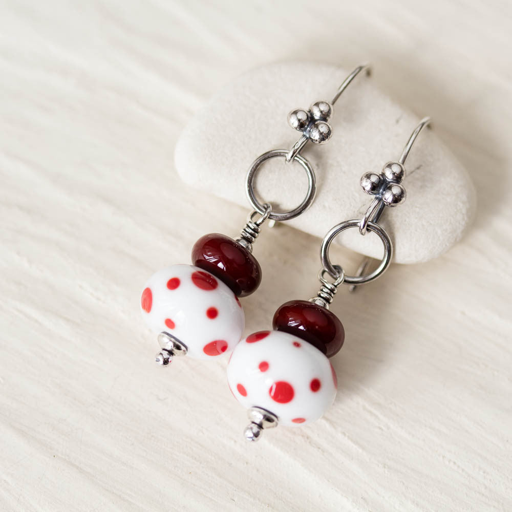 Red and White Stacked Polka Dot Lampwork Earrings, Sterling silver - jewelry by CookOnStrike