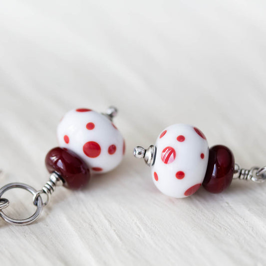 Red and White Stacked Polka Dot Lampwork Earrings, Sterling silver - jewelry by CookOnStrike