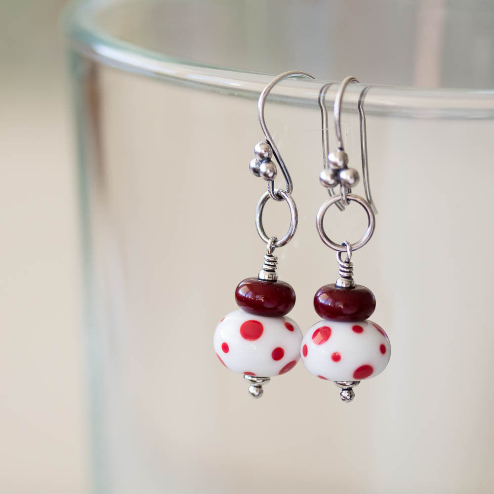 Red and White Stacked Polka Dot Lampwork Earrings, Sterling silver - jewelry by CookOnStrike
