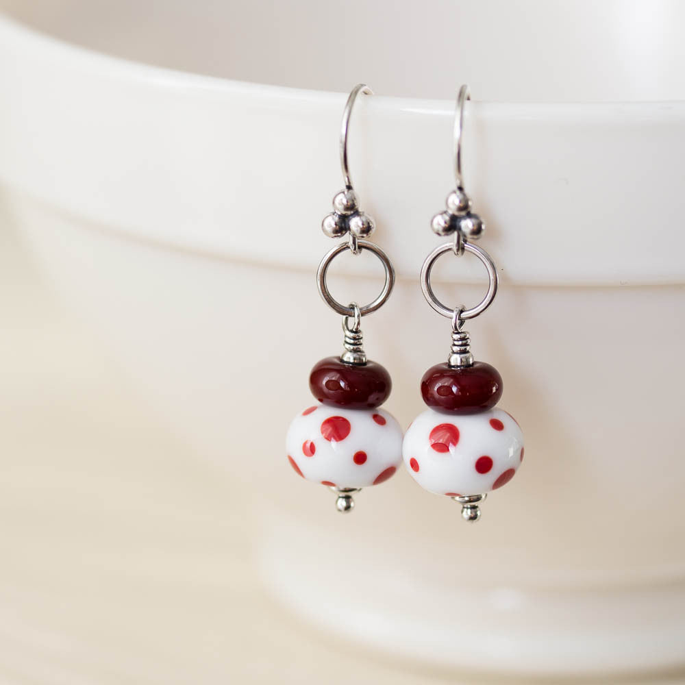 Red and White Stacked Polka Dot Lampwork Earrings, Sterling silver - jewelry by CookOnStrike