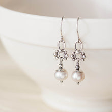 Load image into Gallery viewer, Unique Petite White Pearl Earrings, Sterling Silver - jewelry by CookOnStrike