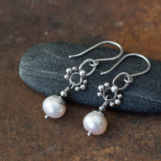 Unique Petite White Pearl Earrings, Sterling Silver - jewelry by CookOnStrike
