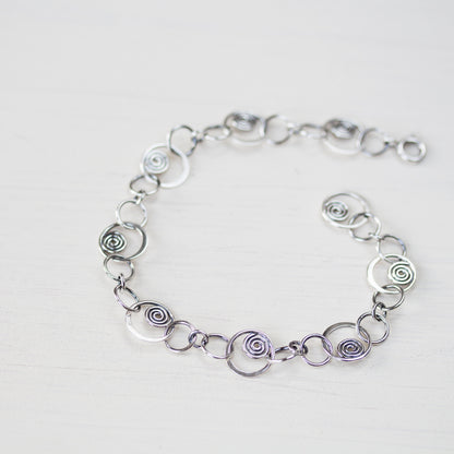 Spiral in a Circle - Hammered links chain bracelet, Sterling silver - jewelry by CookOnStrike