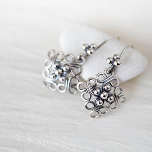 Ornamental Domed Square Earrings, Short Oxidized Silver Dangles - jewelry by CookOnStrike