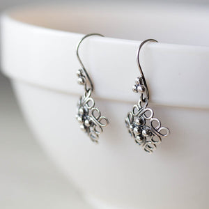 Ornamental Domed Square Earrings, Short Oxidized Silver Dangles - jewelry by CookOnStrike