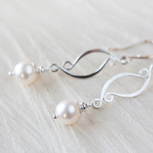Load image into Gallery viewer, Elegant Long White Pearl Earrings, Artisan handcrafted sterling silver dangle - jewelry by CookOnStrike