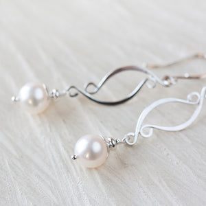 Elegant Long White Pearl Earrings, Artisan handcrafted sterling silver dangle - jewelry by CookOnStrike