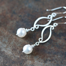 Load image into Gallery viewer, Elegant Long White Pearl Earrings, Artisan handcrafted sterling silver dangle - jewelry by CookOnStrike