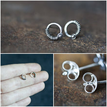 Load image into Gallery viewer, Unique Silver Circle Earrings, wire wrapped studs - jewelry by CookOnStrike