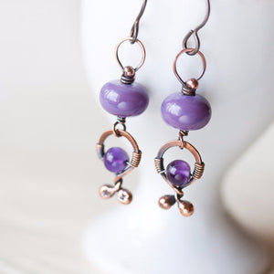 Unusual Boho Dangle Earrings, oxidized copper, pastel purple lampwork glass and amethyst - jewelry by CookOnStrike
