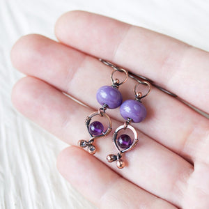 Unusual Boho Dangle Earrings, oxidized copper, pastel purple lampwork glass and amethyst - jewelry by CookOnStrike