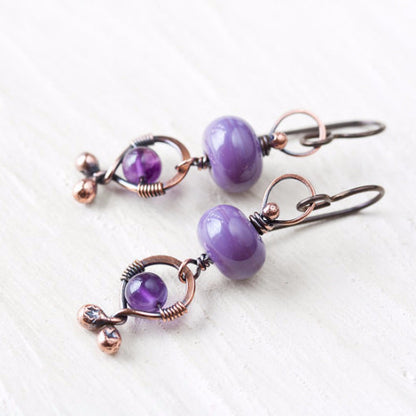 Unusual Boho Dangle Earrings, oxidized copper, pastel purple lampwork glass and amethyst - jewelry by CookOnStrike