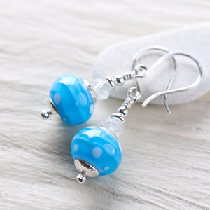 Dreamy Light blue earrings, short polka dot lampwork and aquamarine bead dangle - jewelry by CookOnStrike