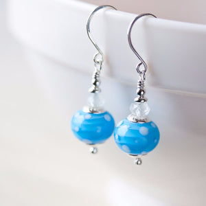 Dreamy Light blue earrings, short polka dot lampwork and aquamarine bead dangle - jewelry by CookOnStrike