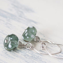 Load image into Gallery viewer, Subtle Light Gray Earrings, transparent polka dot lampwork glass with labradorite - jewelry by CookOnStrike