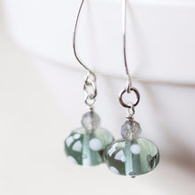 Load image into Gallery viewer, Subtle Light Gray Earrings, transparent polka dot lampwork glass with labradorite - jewelry by CookOnStrike