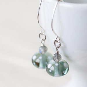 Subtle Light Gray Earrings, transparent polka dot lampwork glass with labradorite - jewelry by CookOnStrike