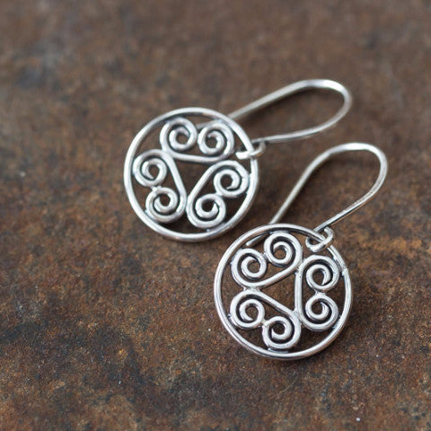 Tiny Spiral Medallion Earrings, Short silver dangles - jewelry by CookOnStrike