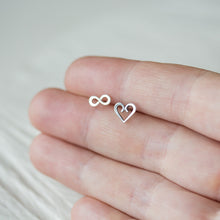 Load image into Gallery viewer, Endless Love - Mismatched Stud Earrings, heart and infinity symbol - jewelry by CookOnStrike