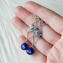 Load image into Gallery viewer, Long Elegant Lapis Lazuli Earrings, Sterling Silver Metalwork - jewelry by CookOnStrike