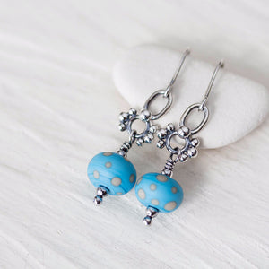 Petite Lampwork Earrings, Light Blue Bead Dangle, Sterling Silver - jewelry by CookOnStrike