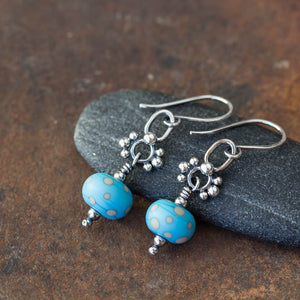 Petite Lampwork Earrings, Light Blue Bead Dangle, Sterling Silver - jewelry by CookOnStrike