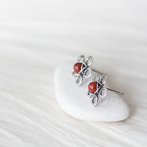 Red Jasper Flower Studs, Tiny Wire Wrapped Silver Flowers - jewelry by CookOnStrike