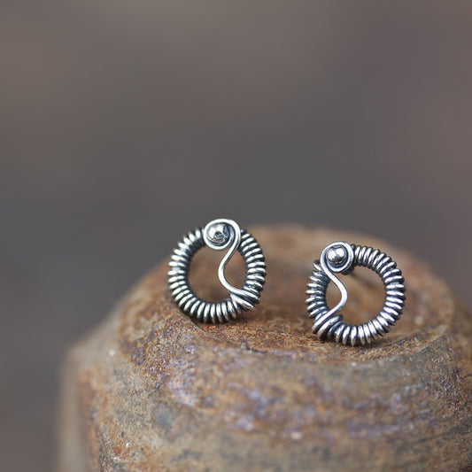 Unique Wire Wrapped Silver Circle Stud Earrings - jewelry by CookOnStrike