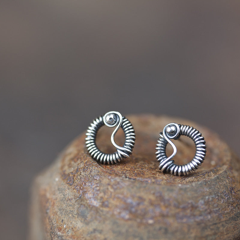 Unique Wire Wrapped Silver Circle Stud Earrings - jewelry by CookOnStrike