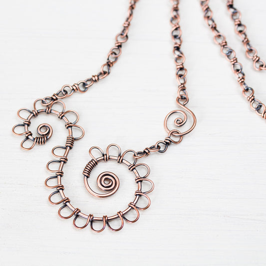 Double Spiral Copper Necklace, Wire wrapped Chain - jewelry by CookOnStrike