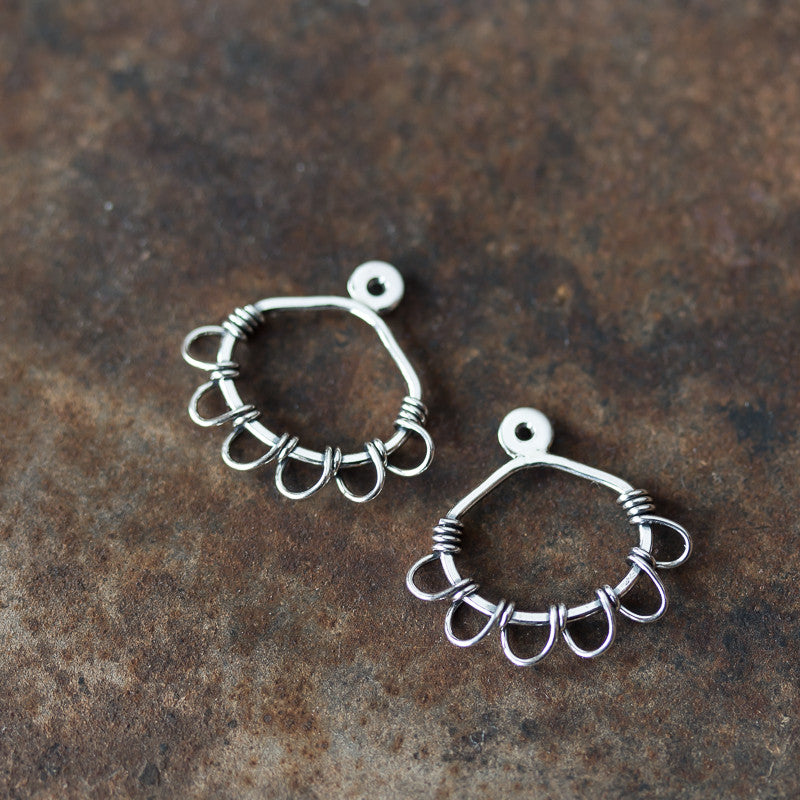 Silver Wire Wrapped Ear Jacket Earrings, Tiny Petals - jewelry by CookOnStrike