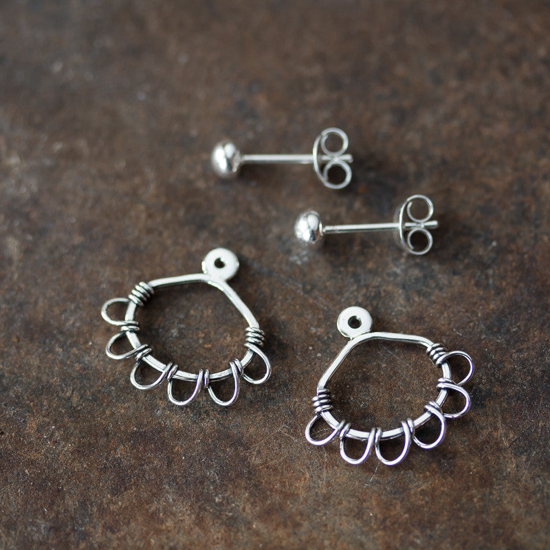 Silver Wire Wrapped Ear Jacket Earrings, Tiny Petals - jewelry by CookOnStrike