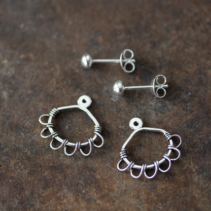 Silver Wire Wrapped Ear Jacket Earrings, Tiny Petals - jewelry by CookOnStrike