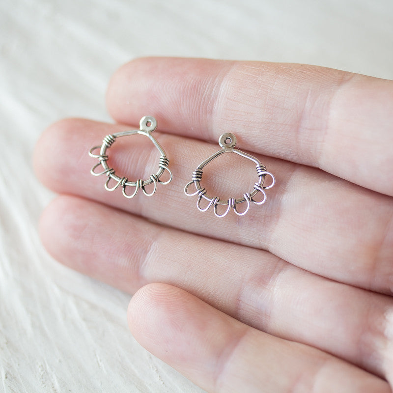 Silver Wire Wrapped Ear Jacket Earrings, Tiny Petals - jewelry by CookOnStrike