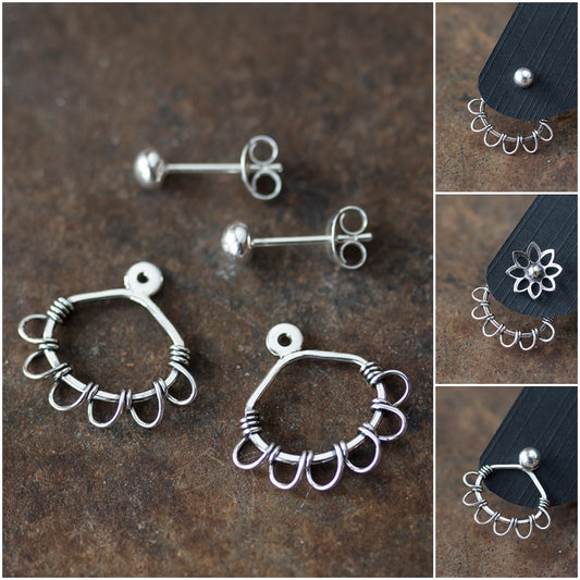 Silver Wire Wrapped Ear Jacket Earrings, Tiny Petals - jewelry by CookOnStrike