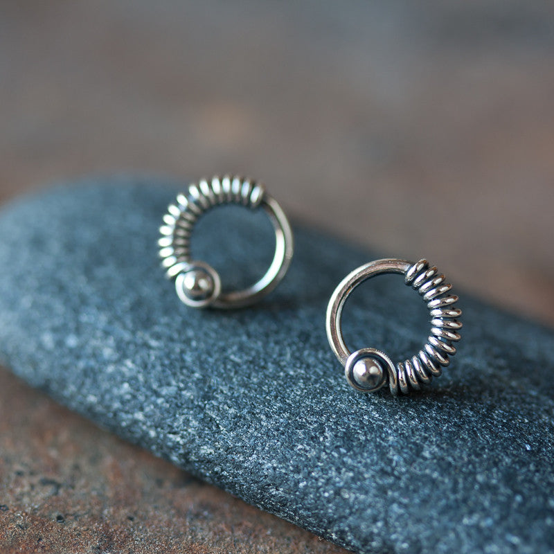 Unique Silver Circle Earrings, wire wrapped studs - jewelry by CookOnStrike
